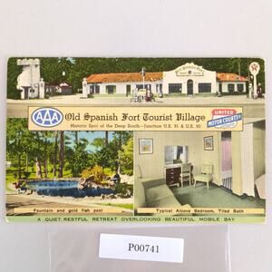 Old Spanish Fort Tourist Village Mobile Alabama 1930s Linen Postcard Motel Gulf